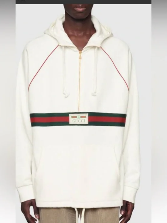 Men's Gucci cotton half zip hoodie signature green/red web trim gold size XXL