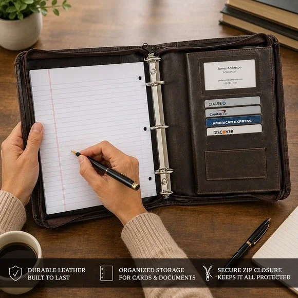 Dark Brown Leather Zipper Portfolio 3Ring Half Letter Binder Padfolio Organizer