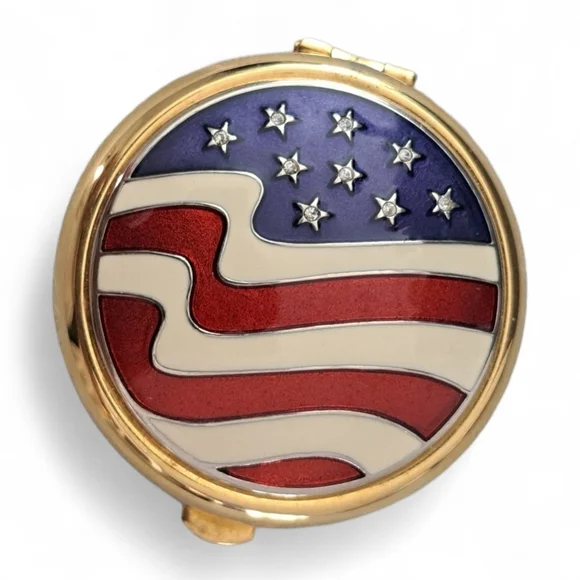 Estee Lauder Gold Tone Compact with Red, Blue, and White Design