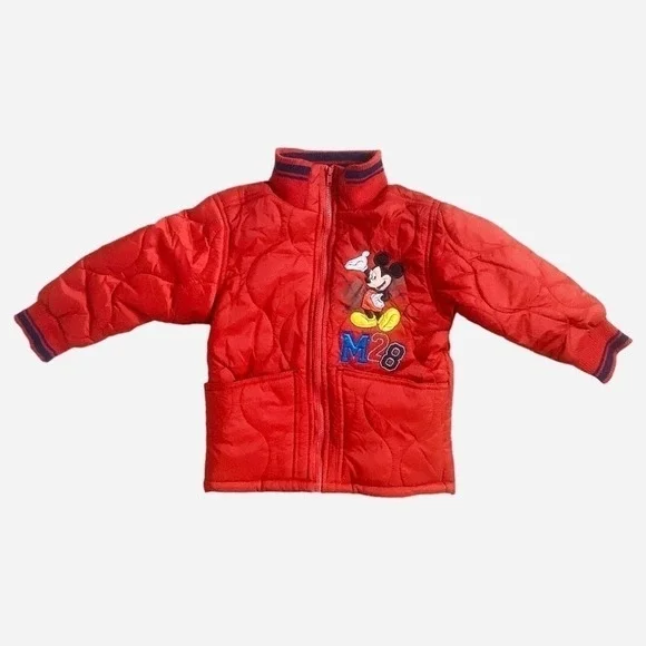Disney Boys Red Mickey Mouse Quilted Jacket Size 3T Winter‎ Warm Zip Up