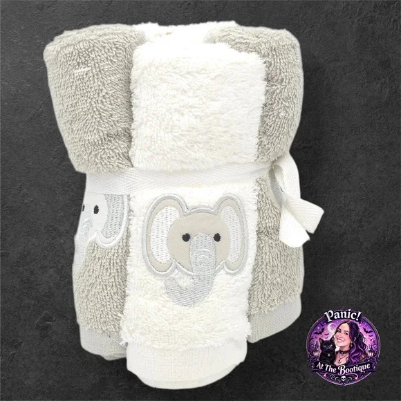 Elephant Washcloth 6Pk Cotton Grey White Embroidered Bath Set Plush Towel New