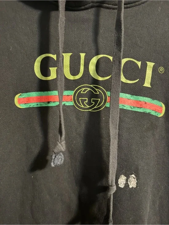 Gucci Black Hoodie with Yellow Logo and Green-Red Web Stripe