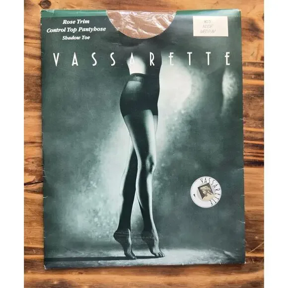 Vassarette Nude Medium Pantyhose Hosiery Rose Trim Control Top Shadow Toe NEW