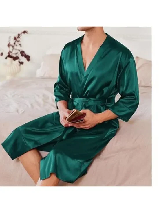Men’s Green Lightweight Silky Satin Robe Kimono Bathrobe 3/4 Sleeve with Pockets