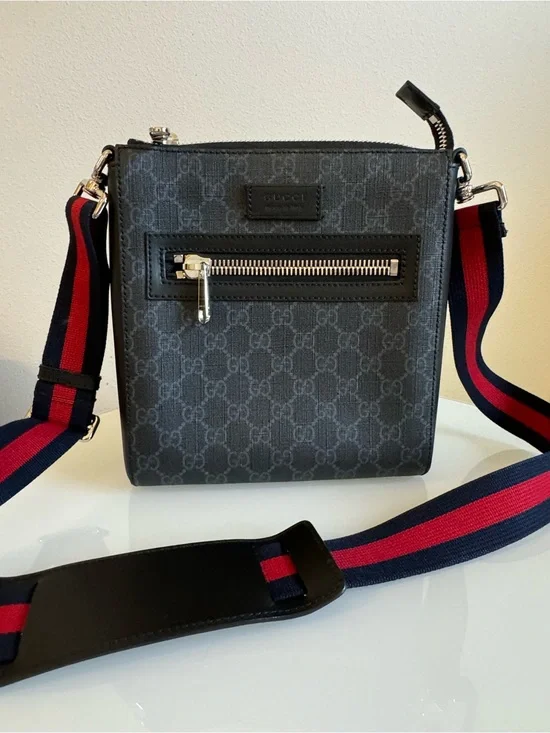 Gucci Black GG Canvas Messenger Bag with Red & Navy Web Strap