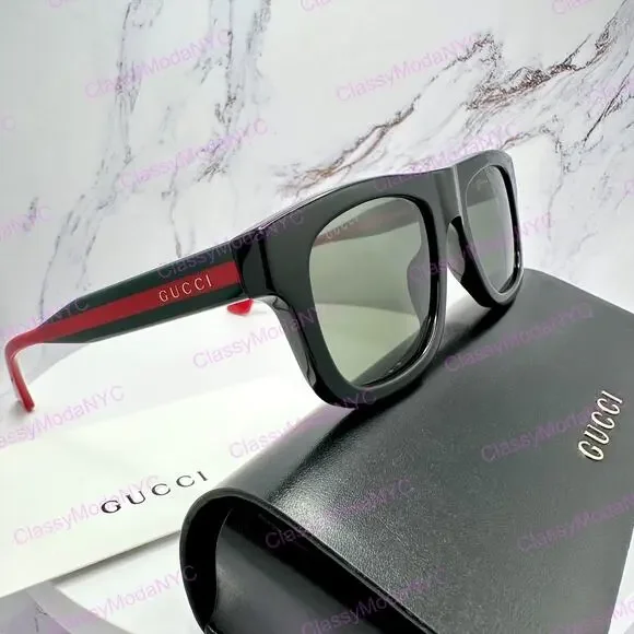 New GUCCI Sunglasses Mens 52mm Black Square Rectangle Aviator Red Green Web Arm