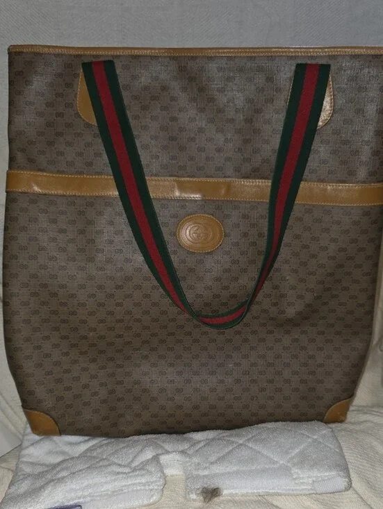 Gucci Brown GG Canvas Tote with Green and Red Web Straps, Vintage And Cared For