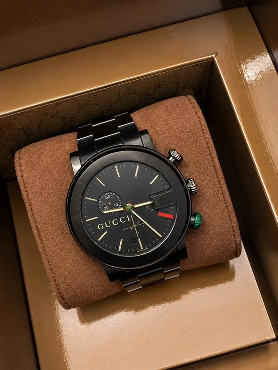 Gucci Black Bracelet Chronograph Watch with Green & Red Accents