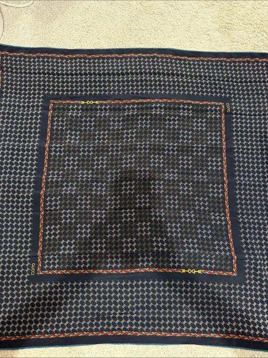 Vintage Gucci Black Silk Square Scare with Red, Green and Yellow Trim