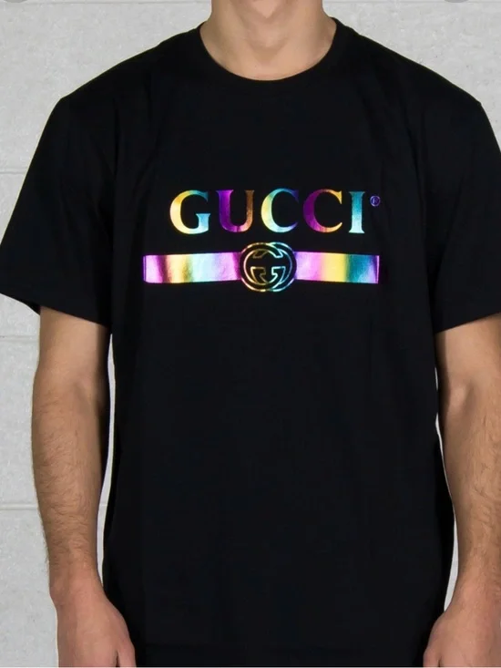 Gucci Black Short Sleeve Tee with Iridescent Rainbow Logo