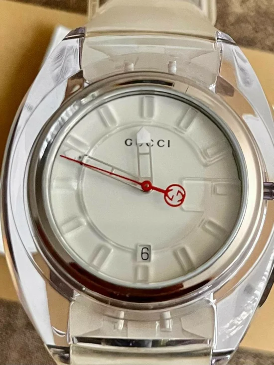 Gucci Clear White Dial Watch with Red Accent Sync Web Quartz
