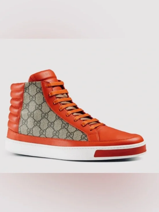 Rare Gucci Men’s Orange Leather & GG Canvas High-Top Sneakers