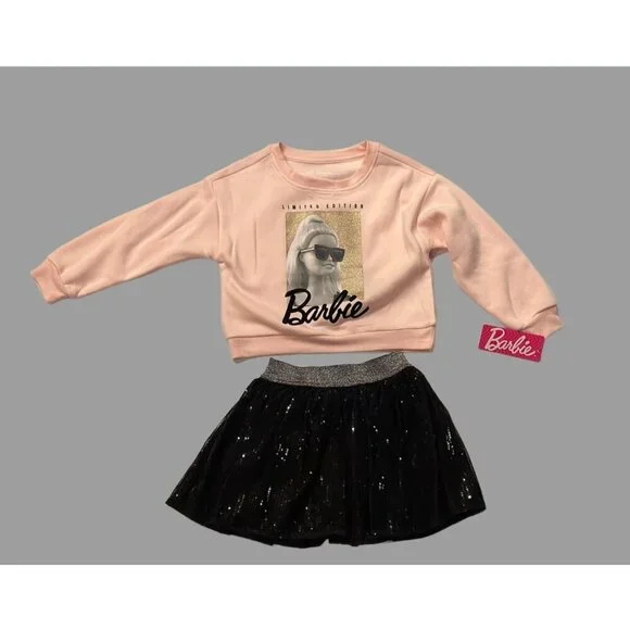 Barbie Girls Size 4/5 2PC Outfit NWT Pink Cozy Sweatshirt Black Tutu Skirt