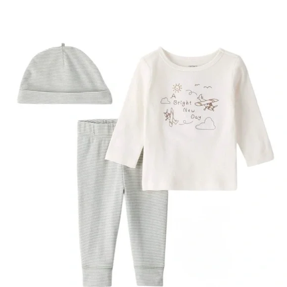 Baby 3 Piece Outfit Set Top Pants Hat Size 3 Months Airplane graphic long sleeve