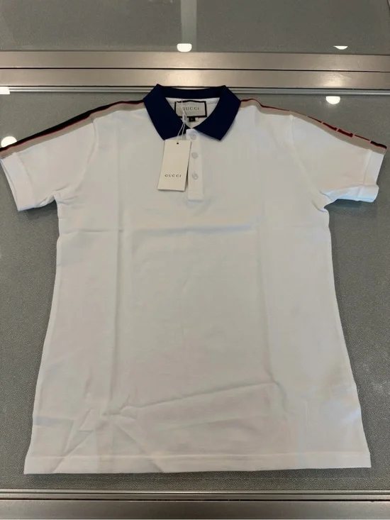 Gucci White Polo with Navy Collar and Red-Navy Shoulder Stripes