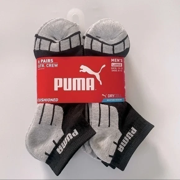 Puma men’s quarter crew socks 6 pack size 8-12 gray black