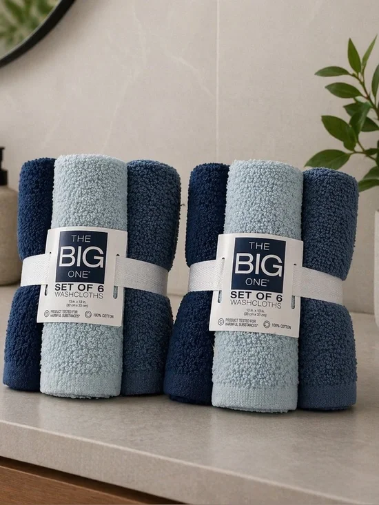 2 Packs The Big One Washcloths Face Cloths 6 Pack 100% Cotton Blue 13