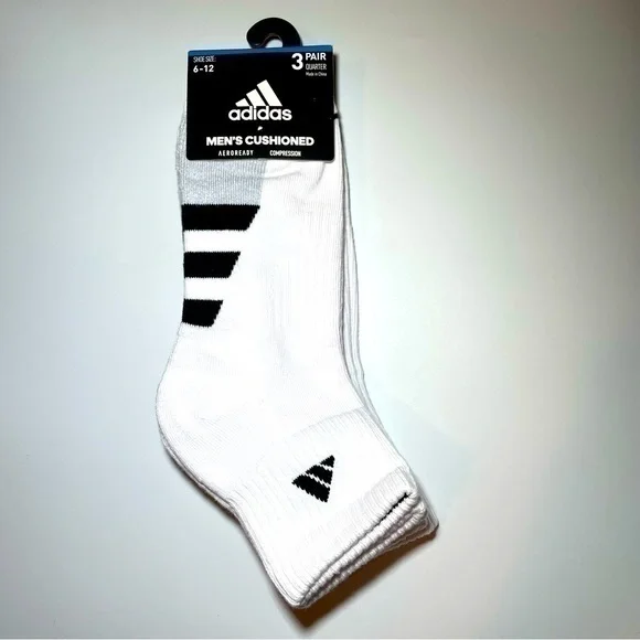 Adidas men’s quarter socks 3 pair size 6-12 white black gray