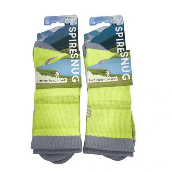 Hiking Socks XL Neon Green Grey Crew Moisture Wicking Cushion Coolmax 2 Pair XL