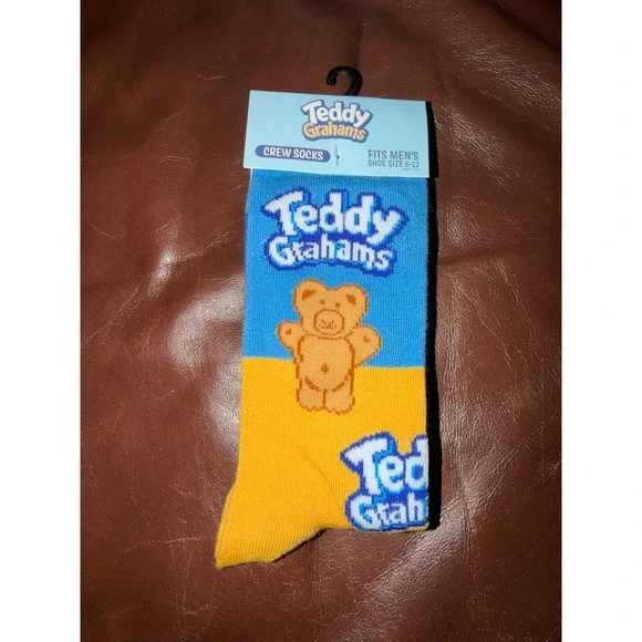 Teddy Grahams Crew Socks Fits Men Shoe Size 6-12 Blue Yellow Bear Novelty