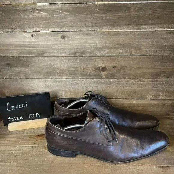 Mens Gucci Lifford Plain Toe Brown Leather Oxford Dress‎ Shoes Size 10 D GUC