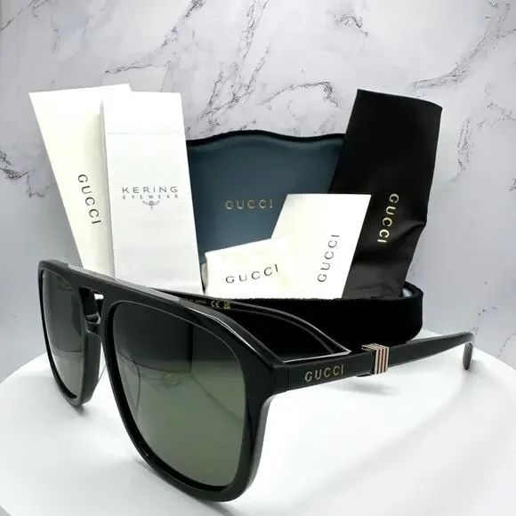New GUCCI Sunglasses Black Aviator Pilot Gold Logo Metal Red Green Web Gucci