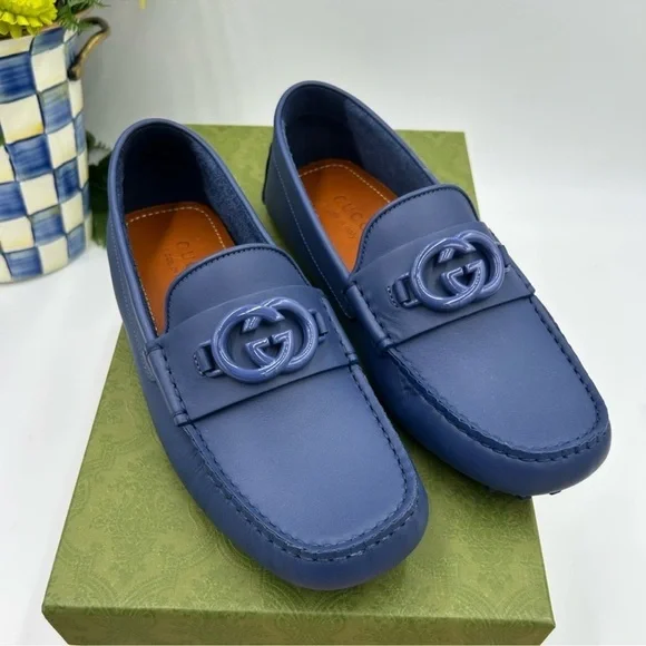 Men’s Gucci interlocking GG leather driver loafers size 6 fits 7 US made Italy