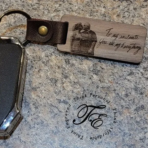 Personalized Photo and Handwriting Keychain - Antiqued Leather and Wood