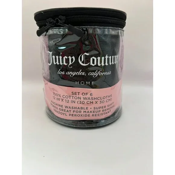 Juicy Couture Washcloths 6 Set Makeup Removal 12”X12” W/H Black, Grey, Purple