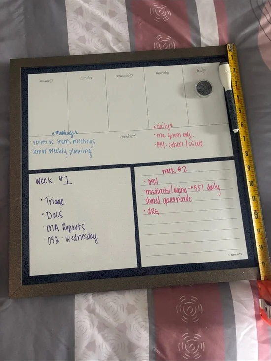 Magnetic Weekly Planning Whiteboard - grey w/sparkles Frame w/ dry erase markers