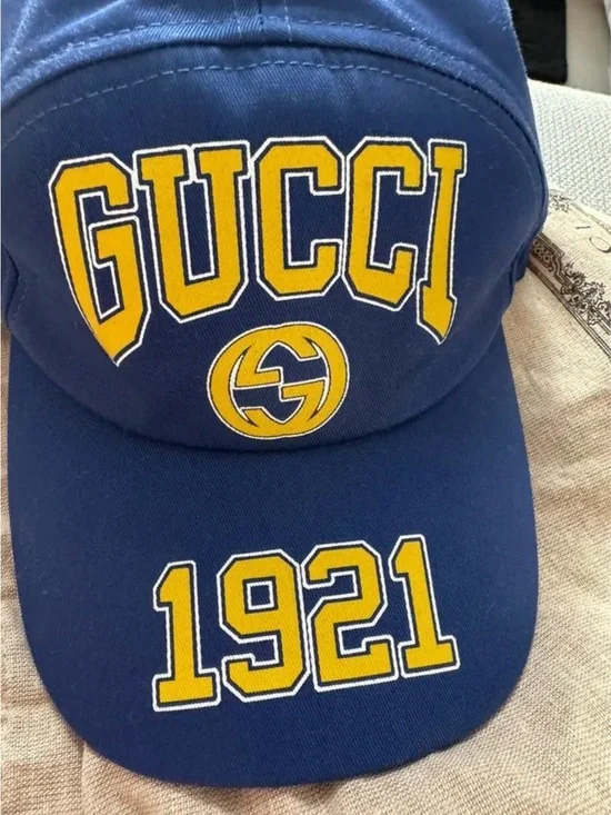 Gucci Blue Cap with Yellow Logo and 1921 Detail