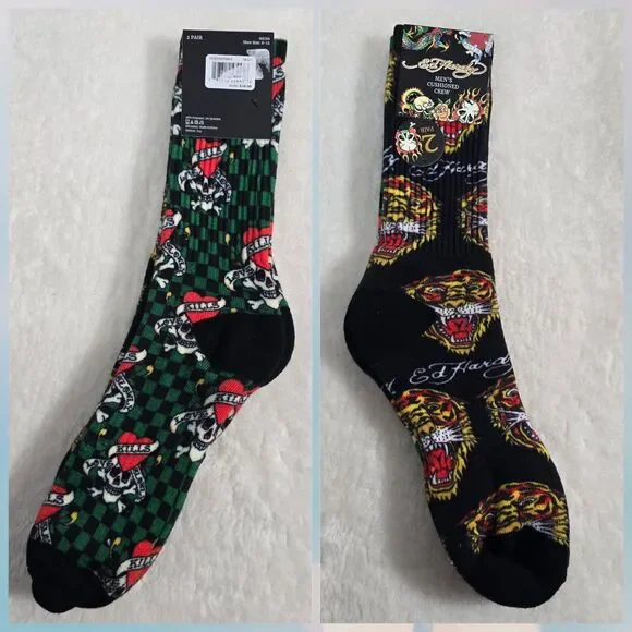 Ed Hardy Men’s Cushioned Crew Socks 2 Pair Black Tiger Shoe Size 6-12 Love Kill