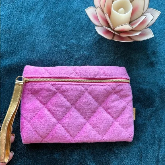 ipsy Pink Quilted Pouch with Gold Accents