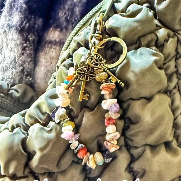 🌸Earth Energy Bag Charm – Green Stones & Brass Accents