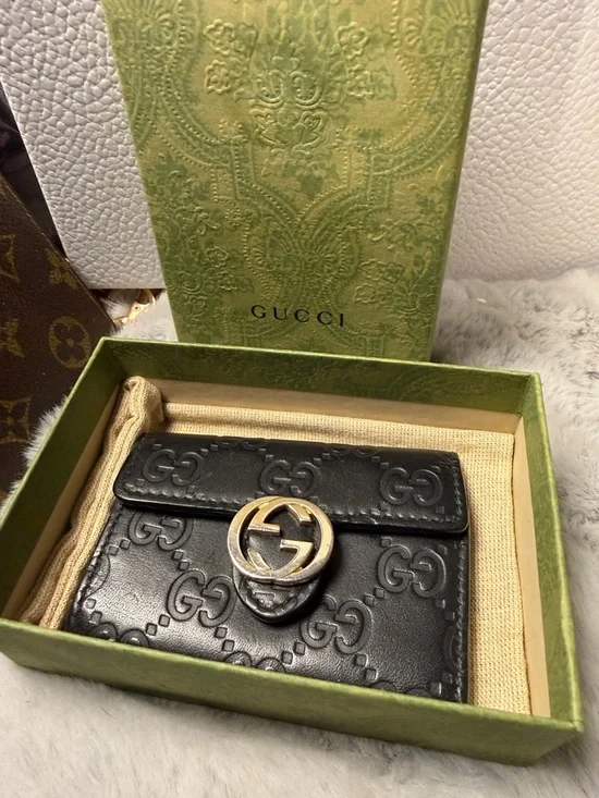 Gucci Black Embossed GG Card Case with Gold Interlocking G