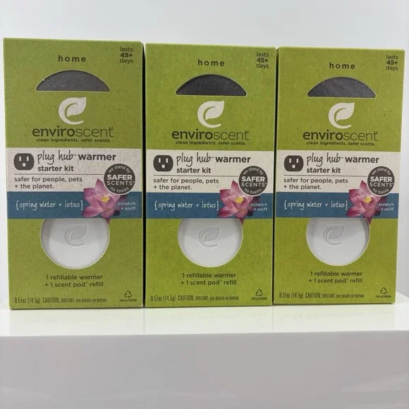 Enviroscent Plug Hub Warmer Kit Spring Water & Lotus + Scent Pod Refill Lot Of 3