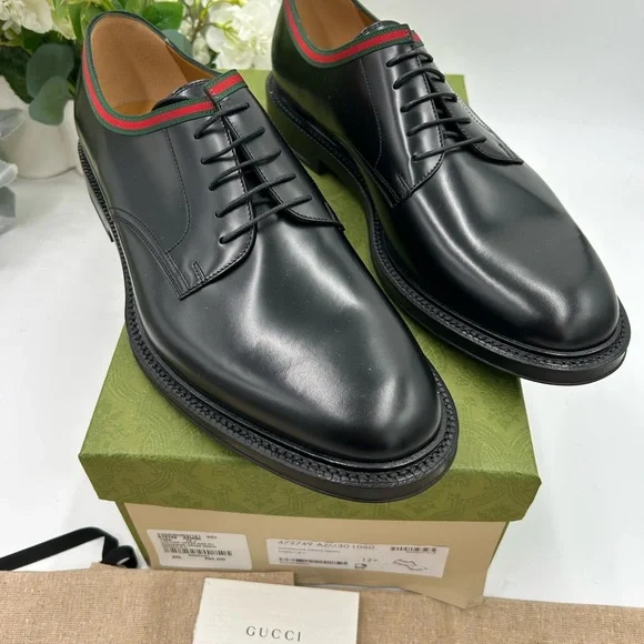 Men's Gucci Black Leather Derby Shoes with Green-Red Web Trim size 12.5