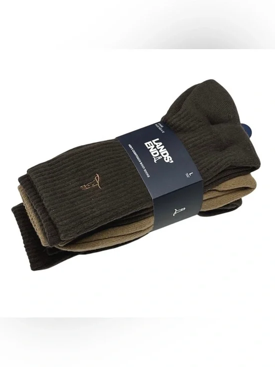 NWT Lands' End Men's Soft Touch Boot Socks‎ 3 Pack Full Terry Sz Lg Brown & Tan