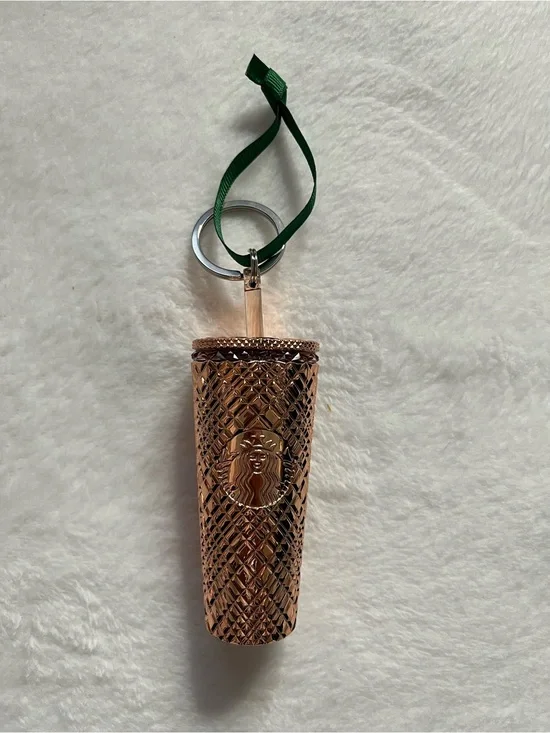 Starbucks Rose Gold Textured Tumbler Keychain with Green Ribbon Loop