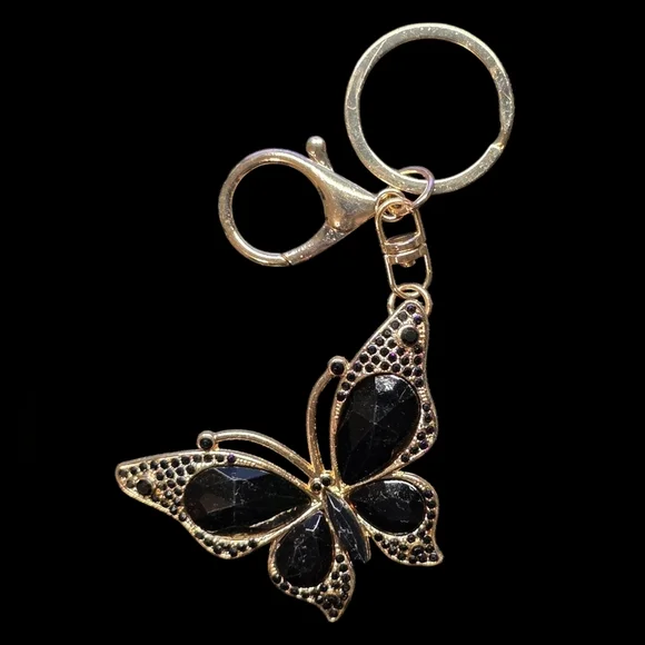 Elegant Gold Butterfly Metal Bag Charm Keychain with Black Accents