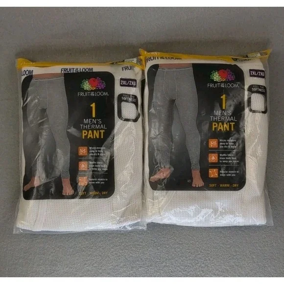Fruit of the Loom Men's Thermal Pants 2XL White Long Johns 2 Pack NIP