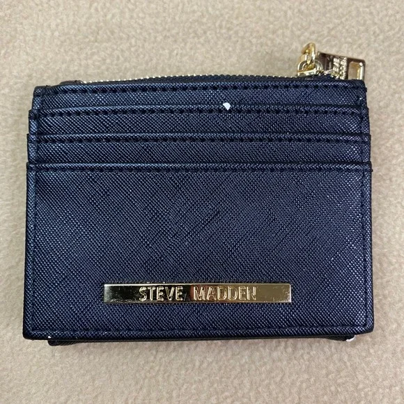 Steve Madden Black Faux Leather Zip Card Holder Wallet Coin Pouch ID Window‎ GUC
