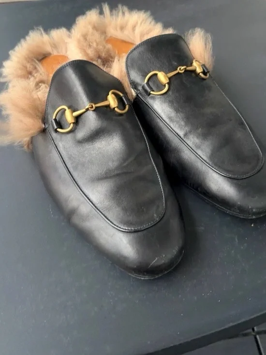 Gucci Princetown Black Leather Fur Lined Horsebit Mules