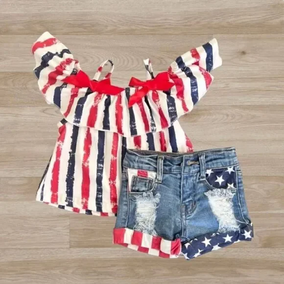 Stars and Stripes Distressed Denim Short Set 3XS (6-12 months) 4th of July Girls