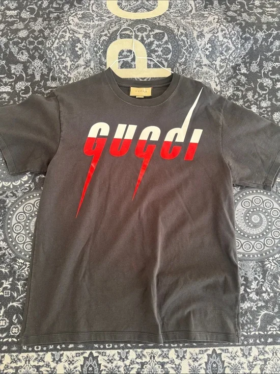 Gucci Black Tee with Red and White Graphic Logo