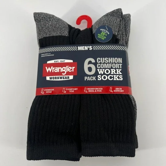Wrangler Workwear Men's 6 Pack Black Cushion Comfort‎ Work Socks Size 6-12
