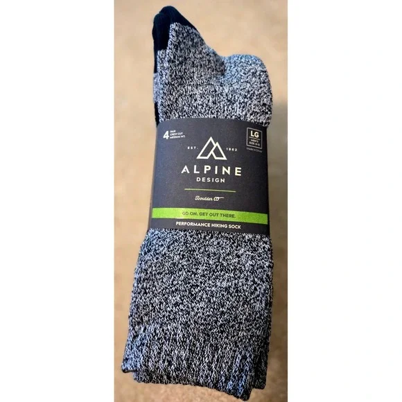 Alpine Design‎ Performance Hiking Sock Men's Large Black 4-Pak