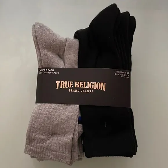 True Religion men’s 8 pack Half cushion crews 10-13 shoes size 8-12.5