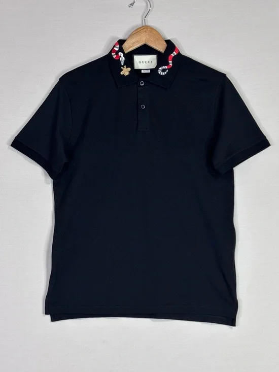 Gucci Men's Black Polo with Embroidered Collar