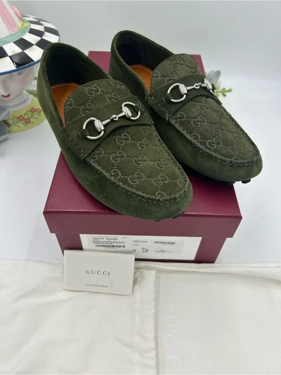 Men's Gucci GG embossed suede driver loafers size 8.5 fits 9.5 US made in Italy
